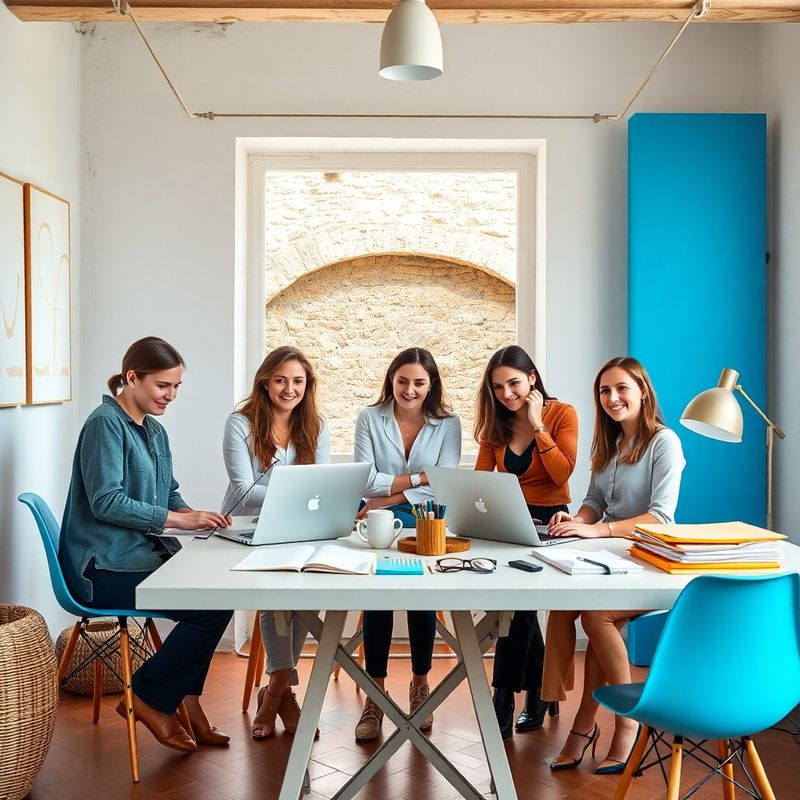 Team di cinque professionisti al lavoro nello studio Casa Ferrari a Perugia