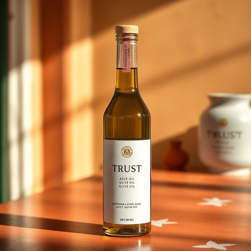 Bottiglia di olio d'oliva con etichetta minimale in azzurro-trust