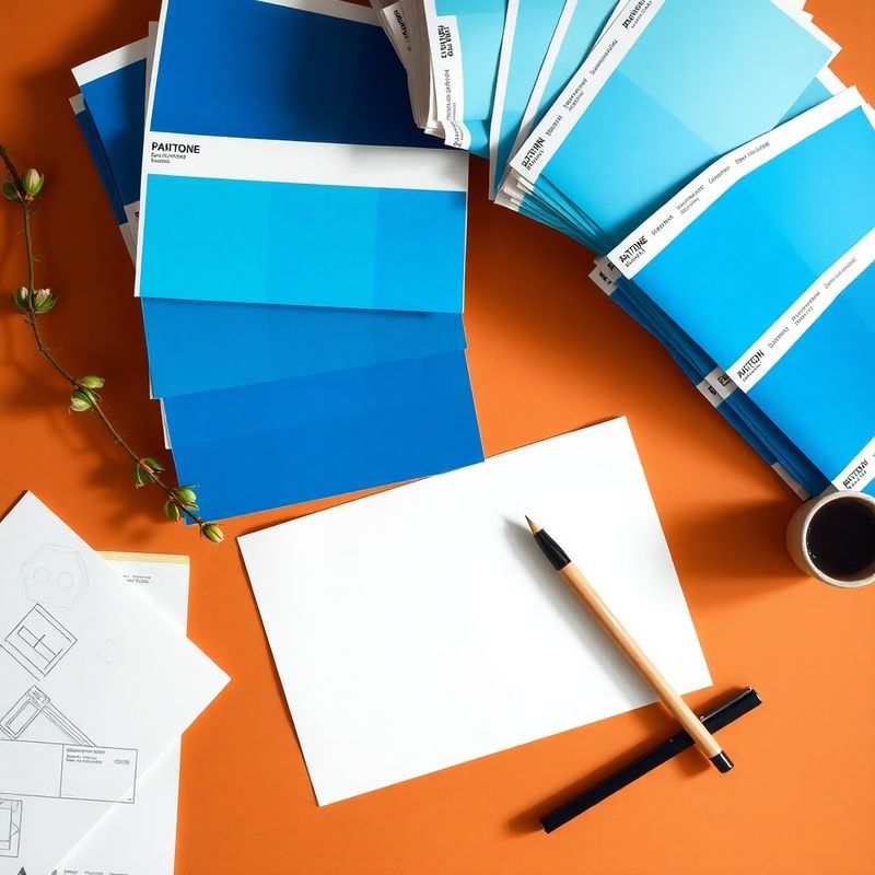Flat-lay di strumenti di brand design in tonalità azzurre su superficie bianca